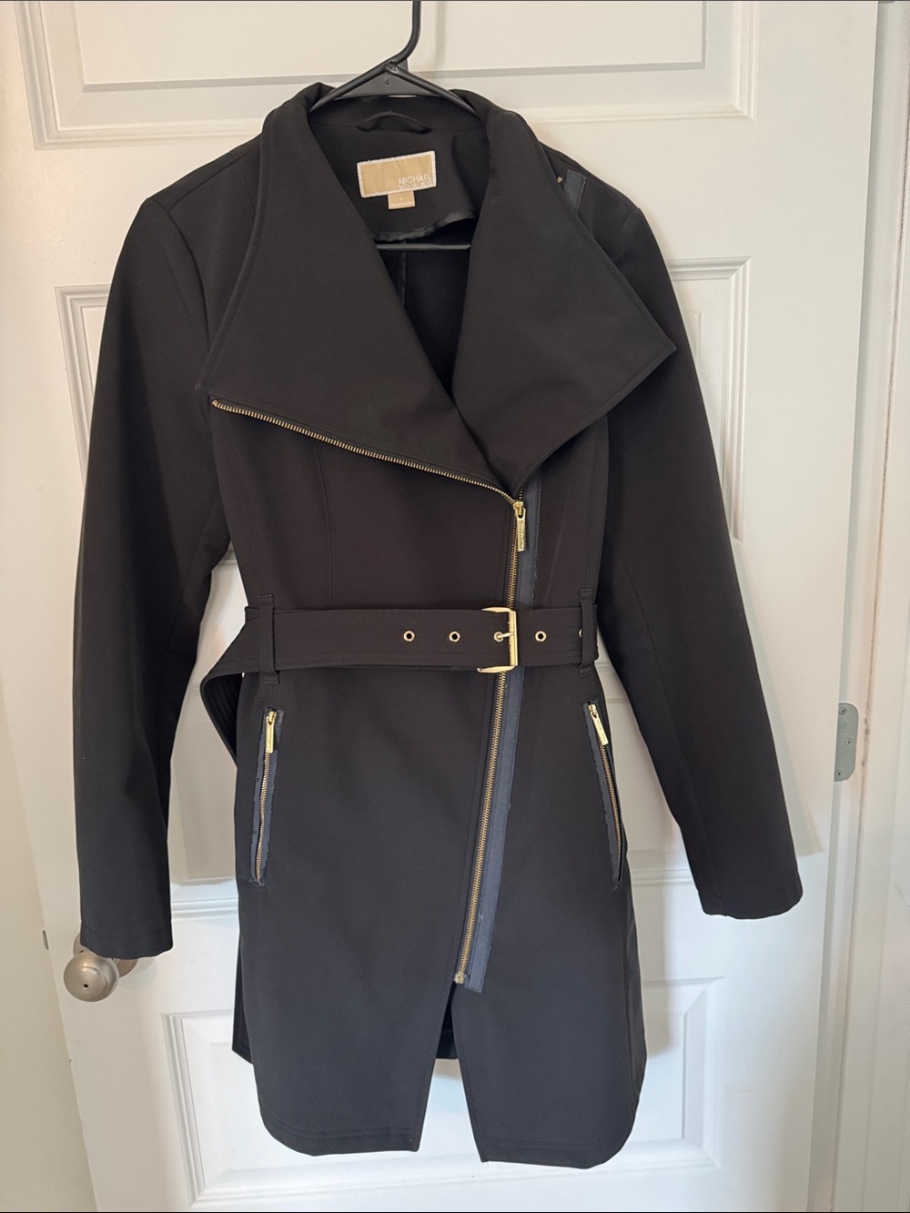 Michael Kors Black Asymmetrical Belted Trench Coat with Gold Hardware